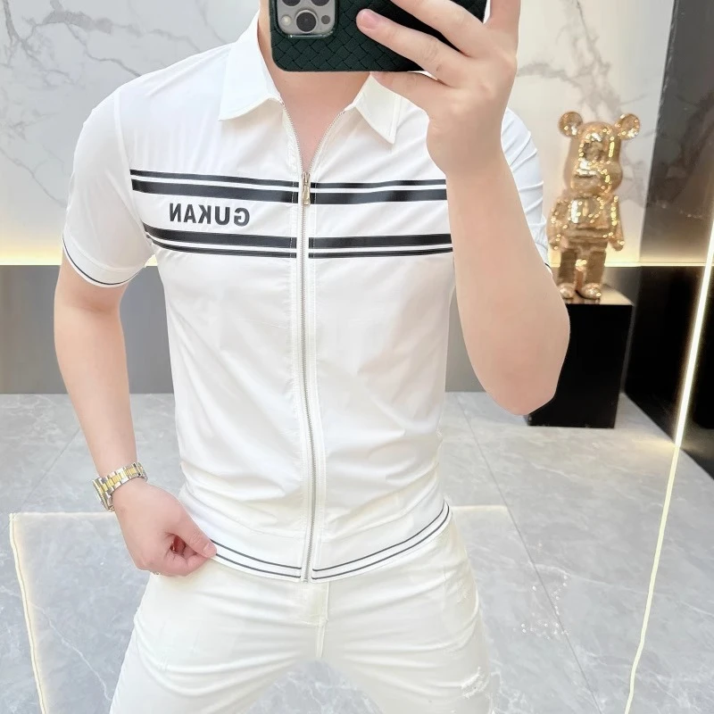 2025夏季新款定制高端精品男士拉链开衫短袖百搭休闲翻领简约半袖