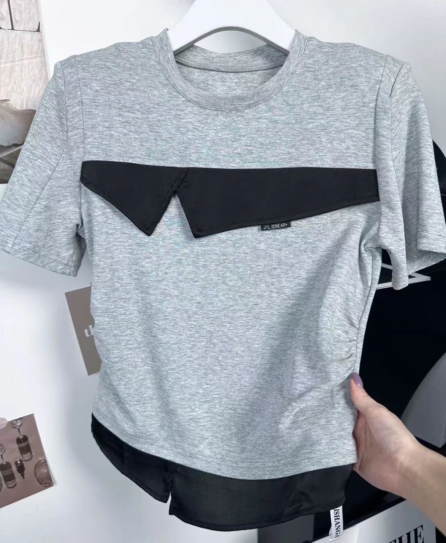 3299#2025春夏新款时尚设计感撞色拼接圆领短袖女士百搭T恤上衣