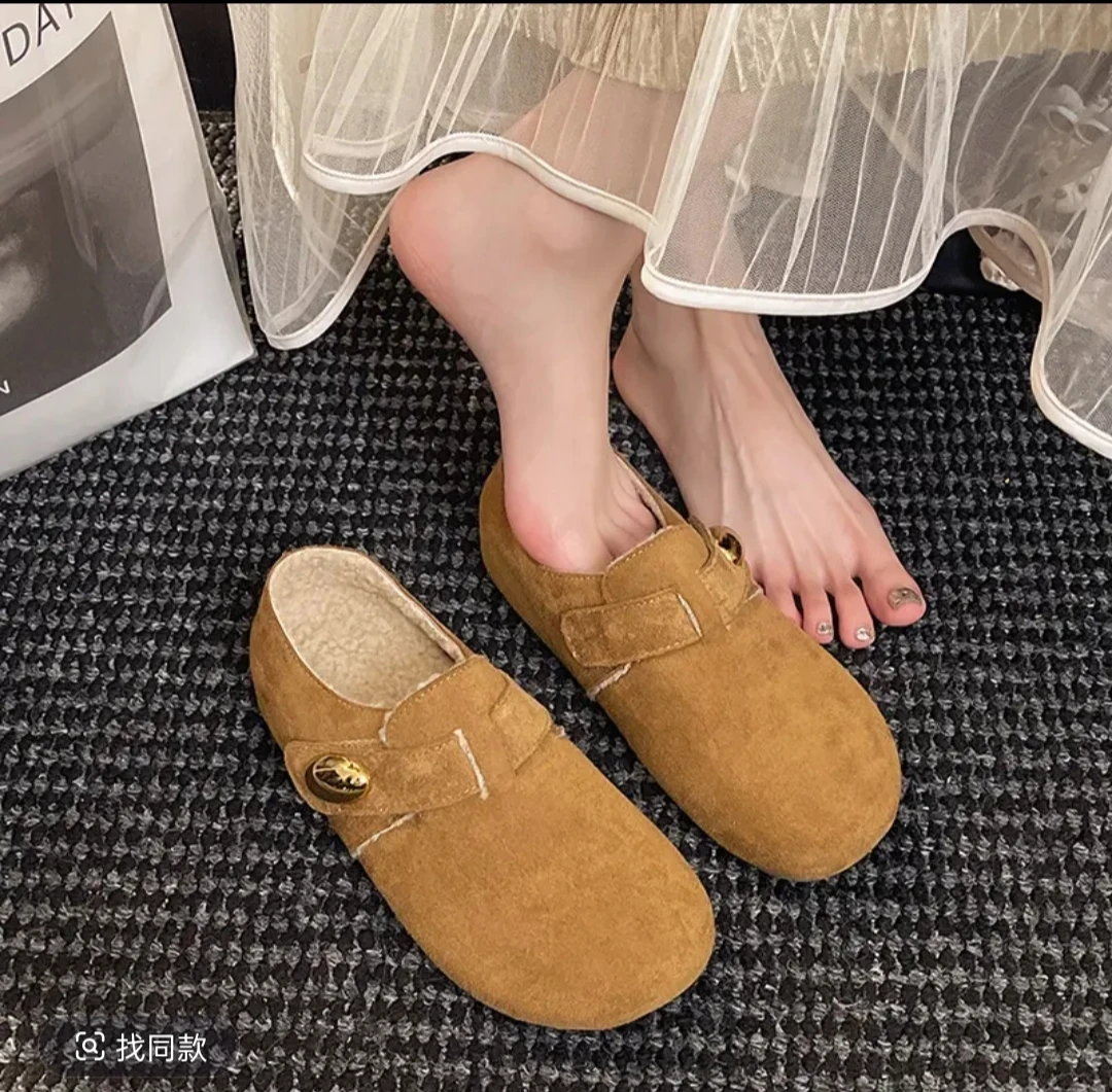 【爆款+运费险】勃肯鞋女25款冬季加绒百搭包头复古一脚蹬豆豆鞋