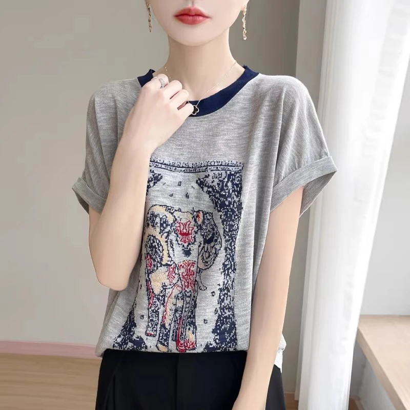 【现货+运费险】夏季新款竹节麻拼色圆领大象图案百搭显瘦针织短袖