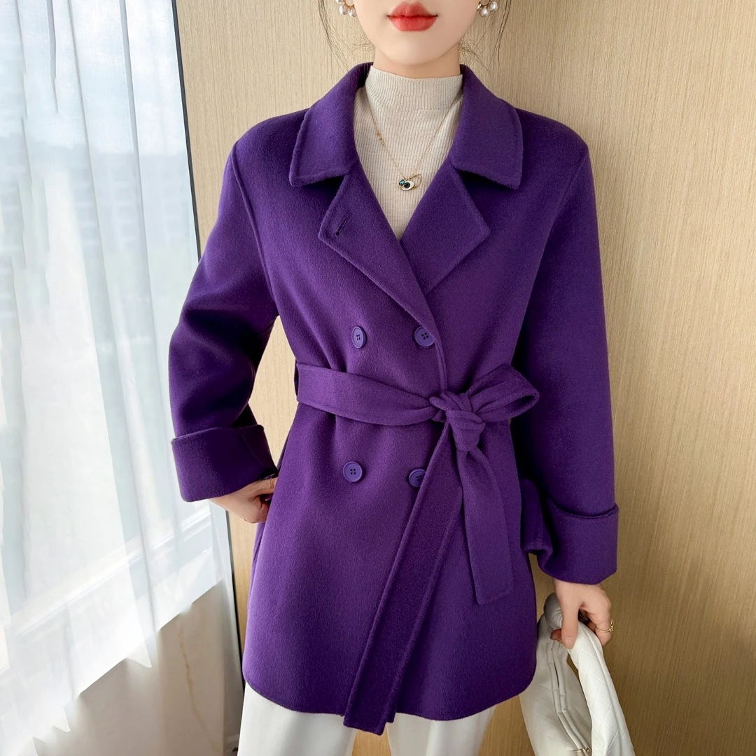 【小个子】100%羊毛短款双面羊毛大衣双排扣系带百搭外套239