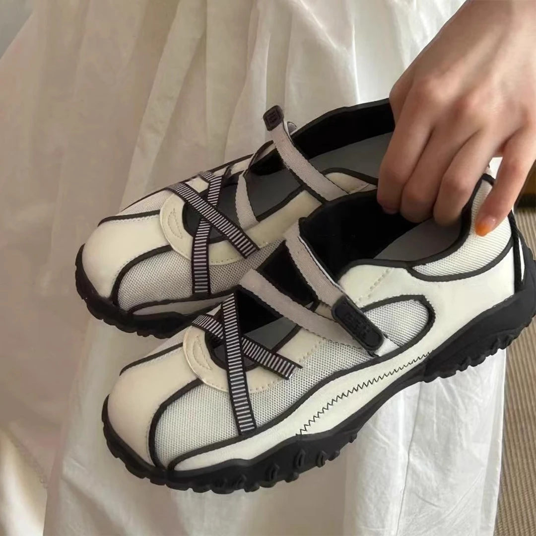 复古卵石芭蕾舞玛丽珍鞋女2025夏季新款魔术贴交叉带休闲运动单鞋