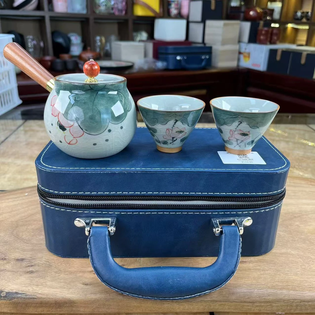 哥窑手绘荷花荷叶侧把壶茶杯套装冰裂开片1102