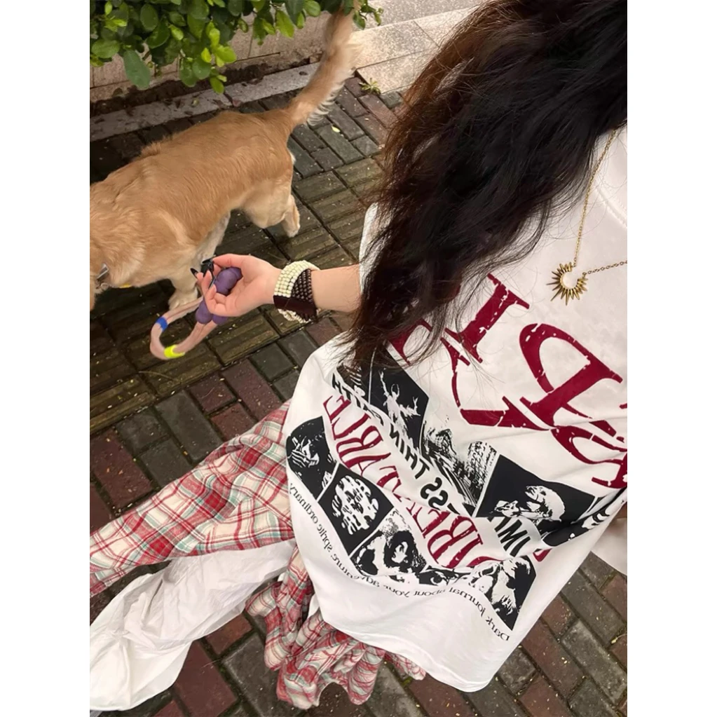 美式复古潮流字母印花t恤女夏季做旧欧美风情侣宽松嘻哈