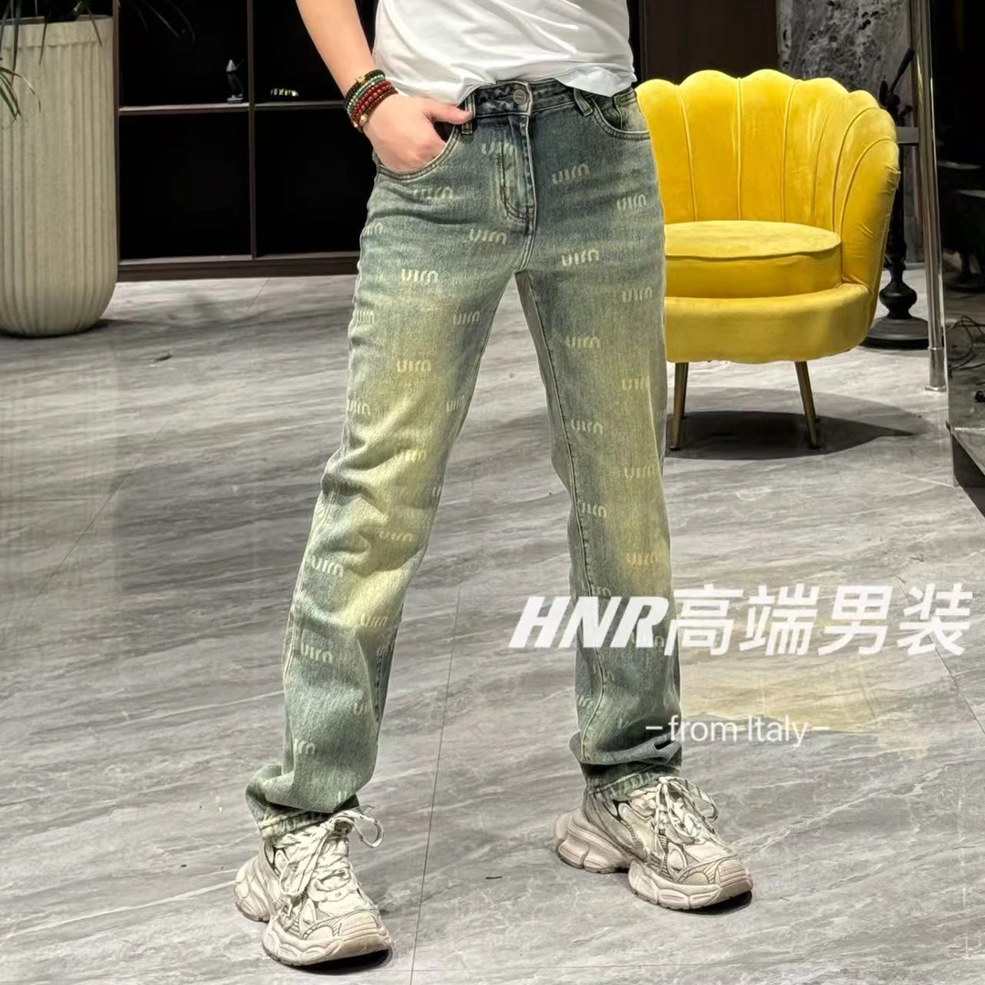 全身激光烧花字母点缀重水洗莱塞尔混纺面料做旧阔腿牛仔裤8808