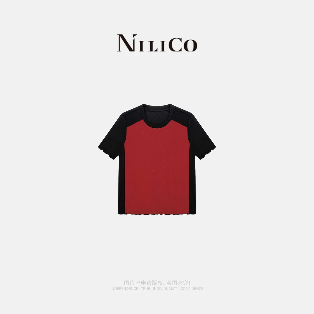 NILICO【朱砂夜行】夏季莱赛尔时尚小众设计感潮流拼色卷边修身T恤