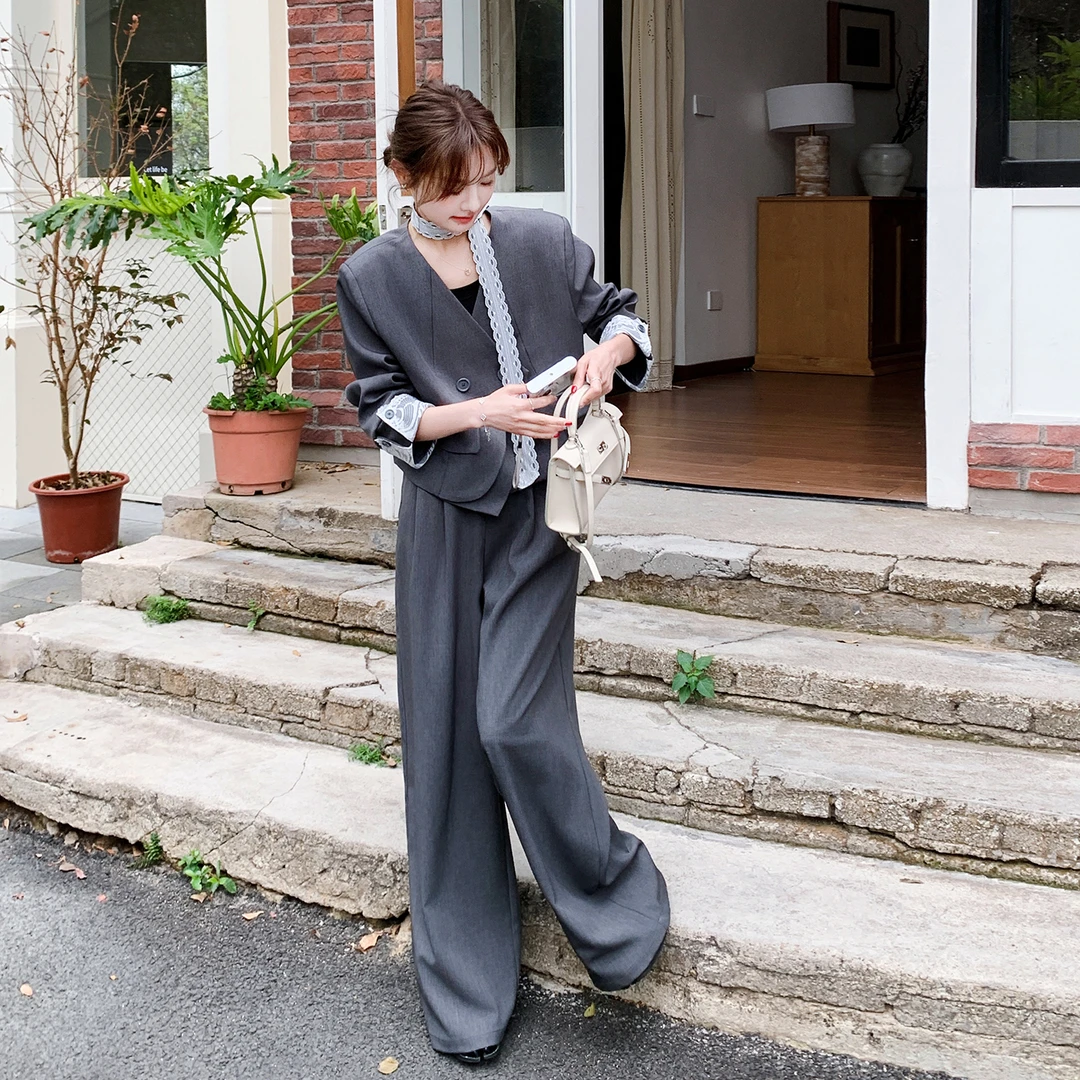 韩系职场休闲灰色阔腿裤西装套装2025秋季新款蕾丝拼接设计感穿搭