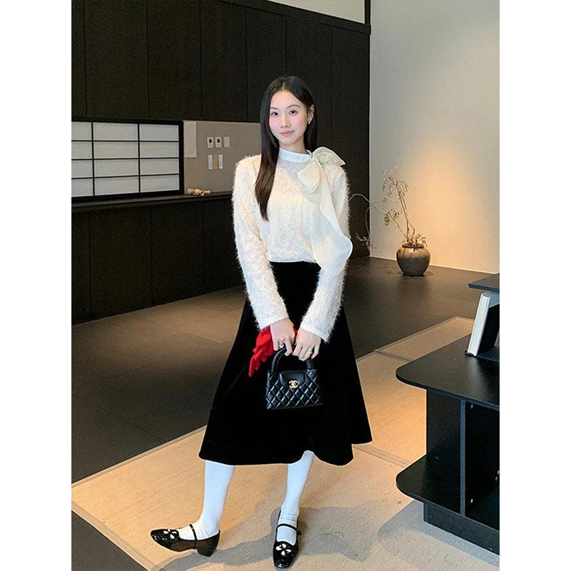 重工亮片提花拼接蝴蝶结长袖衬衫上衣女高腰休闲半身裙套装26566