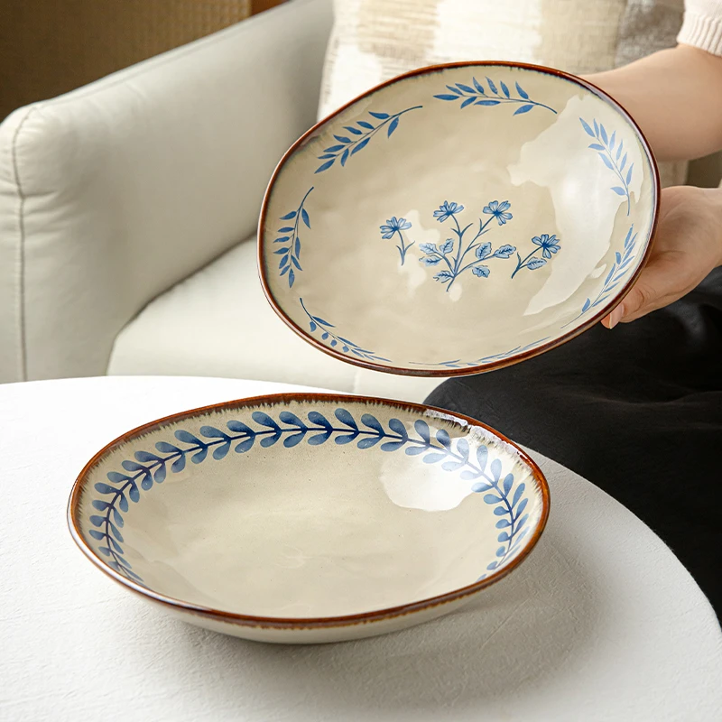 〖一眼心动的盘子〗9英寸复古陶瓷沙拉盘不规则深盘家用菜碗