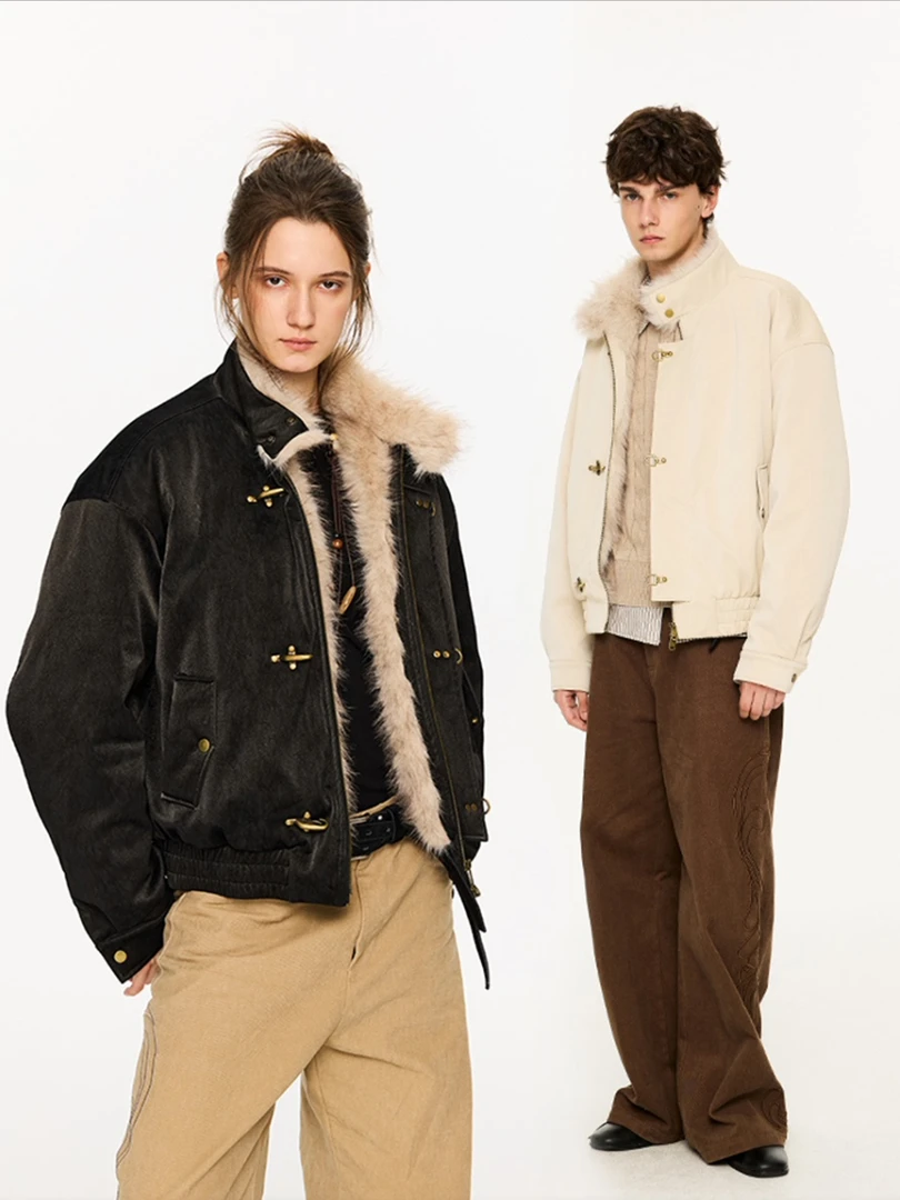 高级感痞帅飞机扣座山雕棉服男冬季美式加厚毛领PU皮大气保暖外套