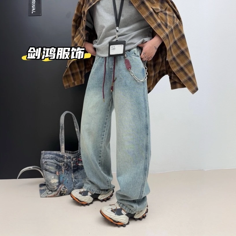 原创宽松重工反应水洗超柔软牛仔直筒裤弯刀复古百搭牛仔裤裤子