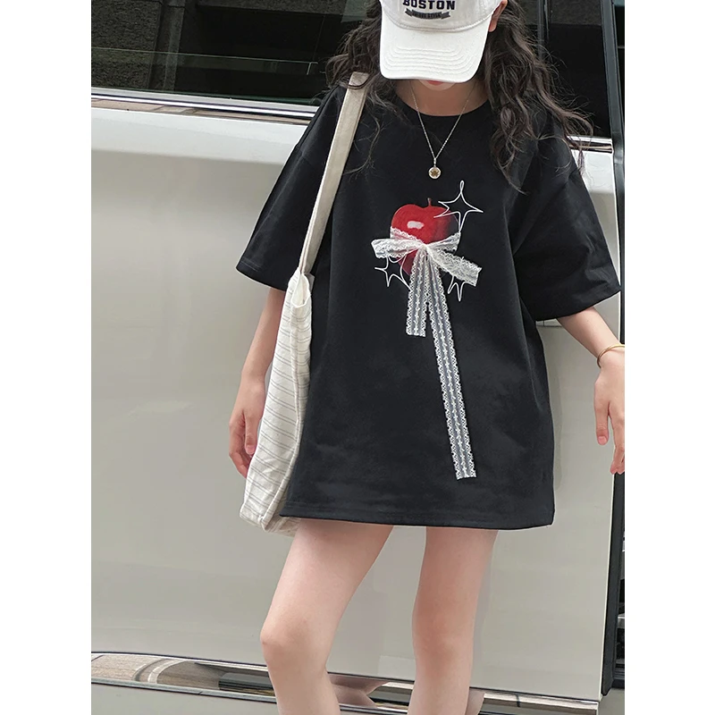K29144蝴蝶结女童短袖T恤2025夏装新款儿童上衣休闲宽松百搭半袖t