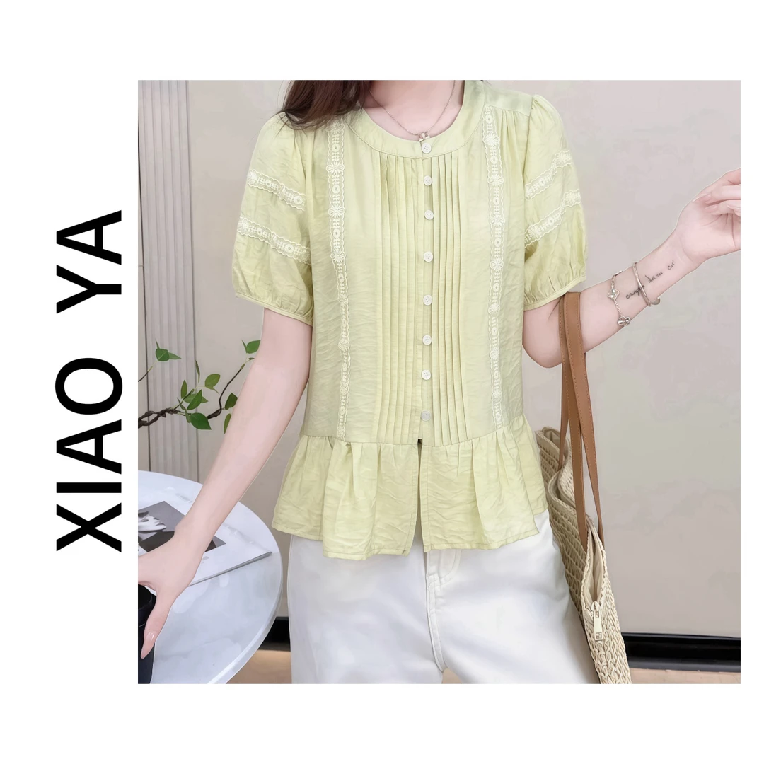 7716夏季新款减龄圆领具体拼接蕾丝褶皱款百搭上衣