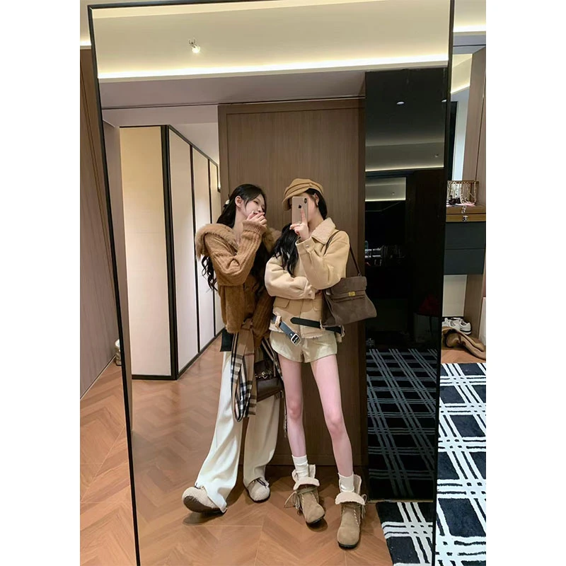 韩系时尚套装休闲设计感长袖外套上衣高腰显瘦短裤宽松阔腿裤长裤