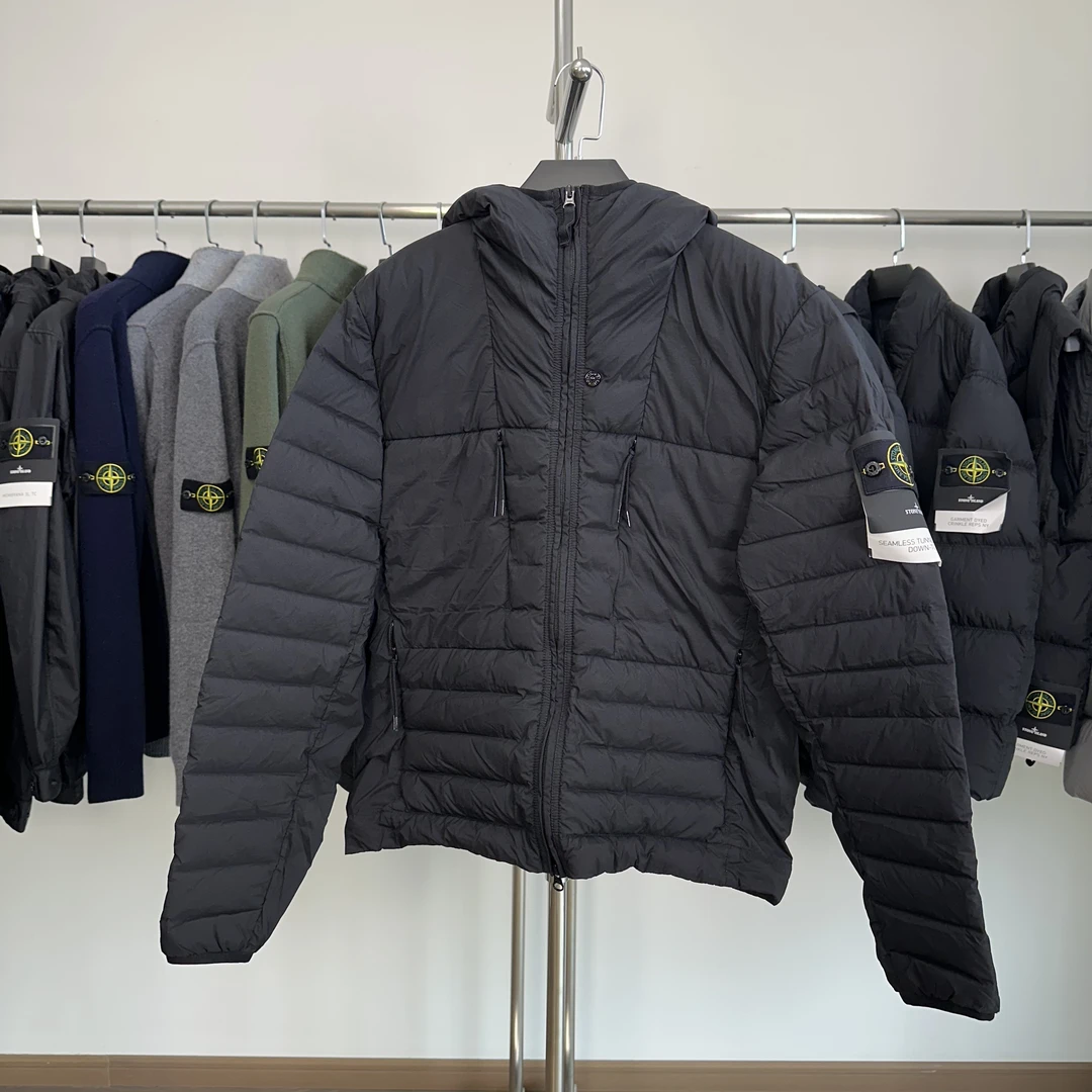全新Stone island石头岛 25FW 轻质排骨弹力尼龙连帽羽绒服 黑色L