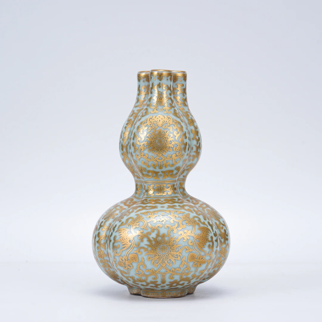 (A6)Q108822清中期豆青釉描金缠枝莲纹三孔福禄瓶