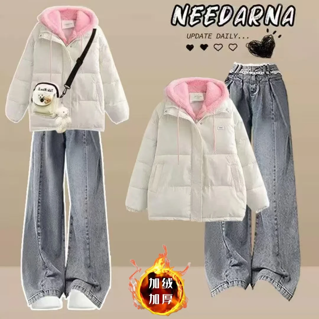 校园风冬季套装女大童初中学生宽松加厚棉服外套加绒休闲裤两件套