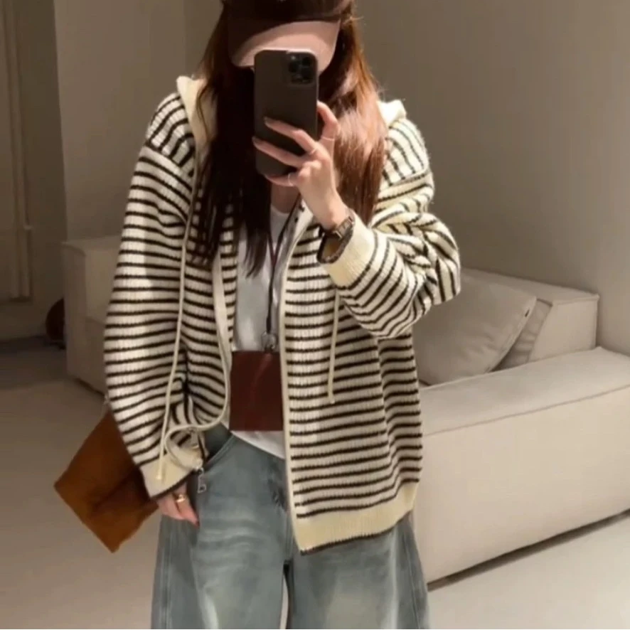 【原单高克重】抽绳连帽条纹针织开衫女秋季韩版宽松加厚毛衣外套女