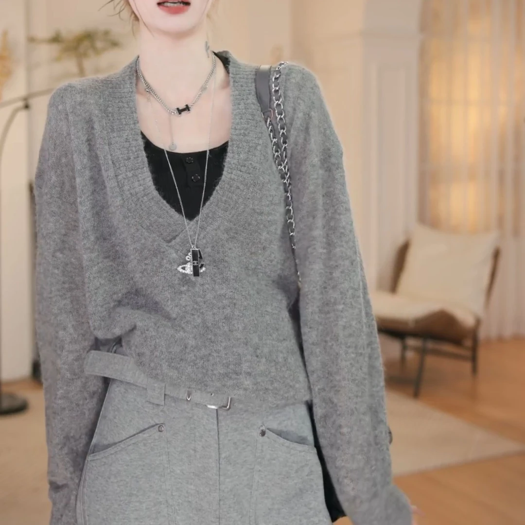 2025秋冬新款假两件宽松显瘦针织衫毛绒感打底衫LK2507170