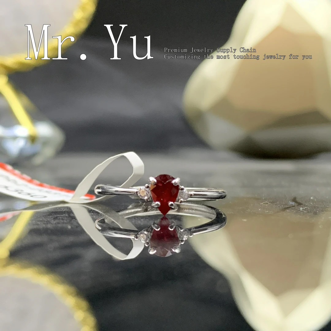天然红宝石戒指银镶莫桑比克鸽血红时尚女士红色水滴精致经典hb2