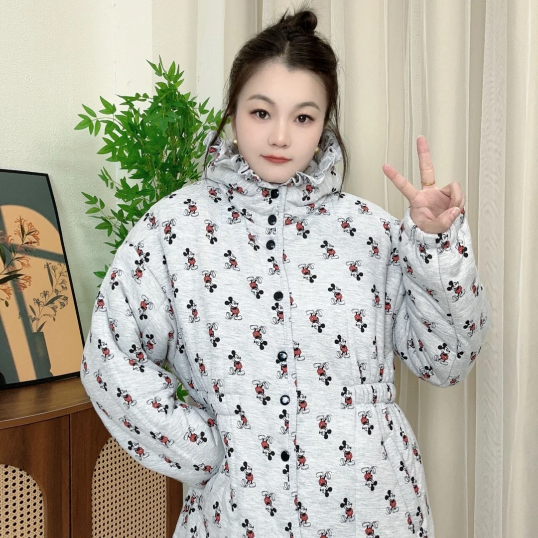 JY新疆棉花【灰底米奇】收腰花边帽中长款宽松家居服女保暖棉衣七
