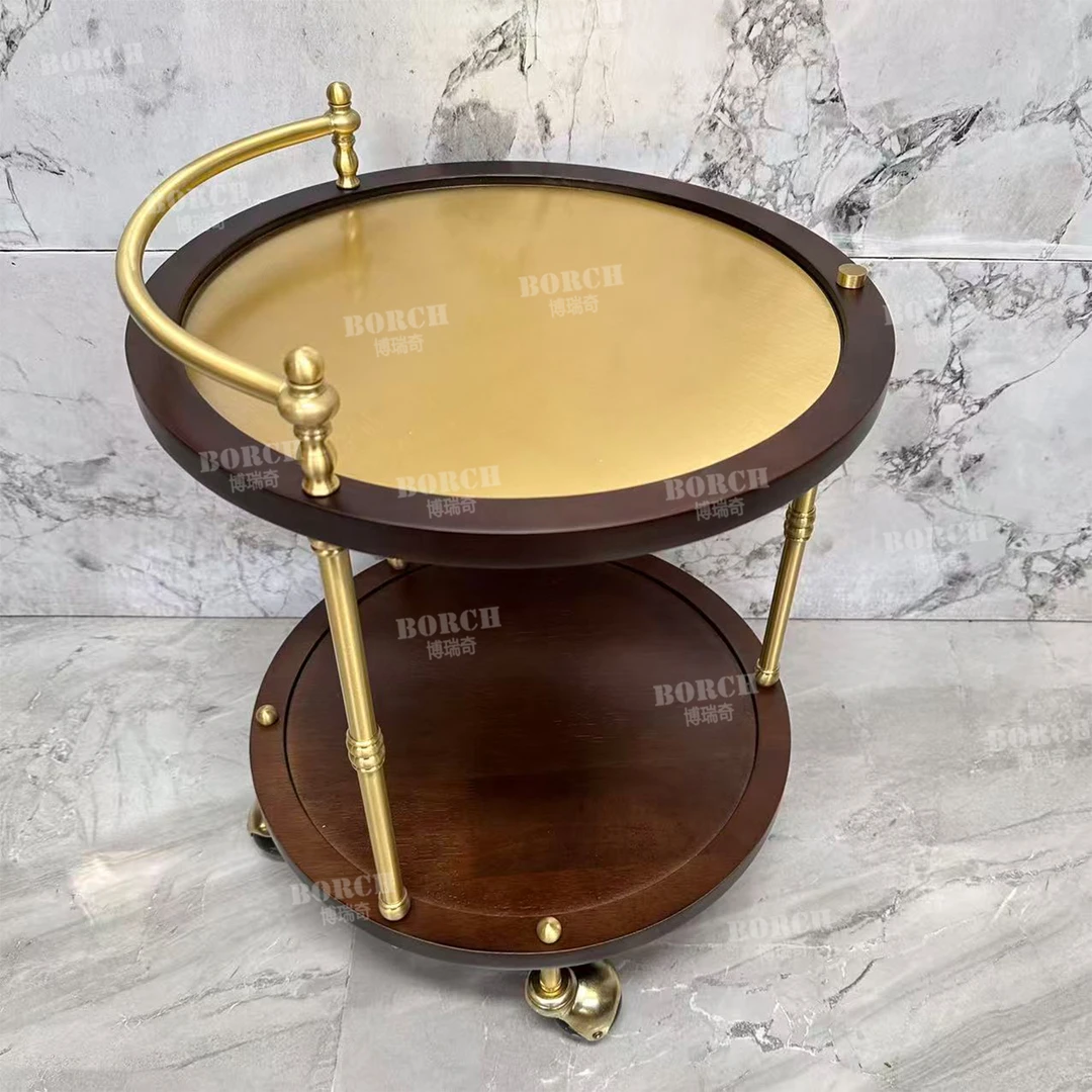 734博瑞奇黄铜边几二层光面铜推车移动茶几 09811