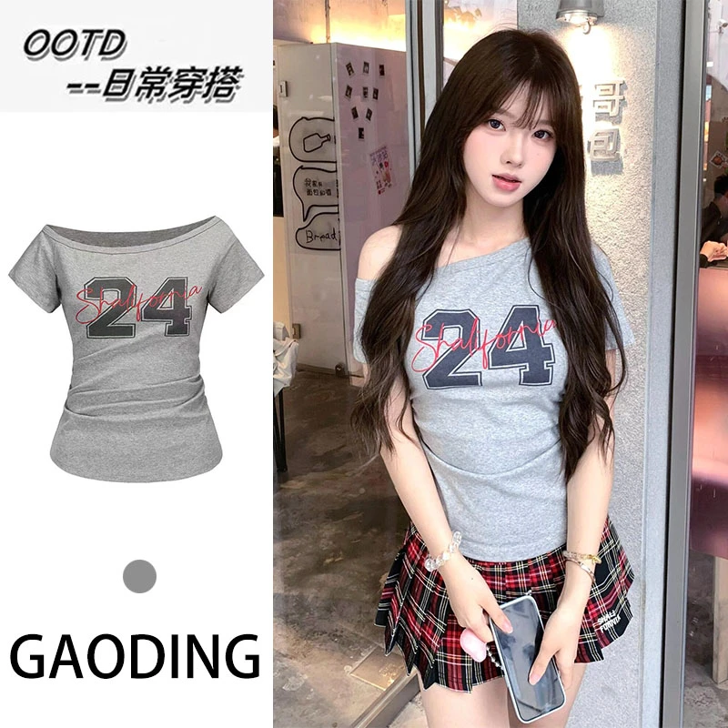 美式辣妹斜肩t恤女夏季新款灰色短袖tee修身显瘦纯欲风露肩上衣潮