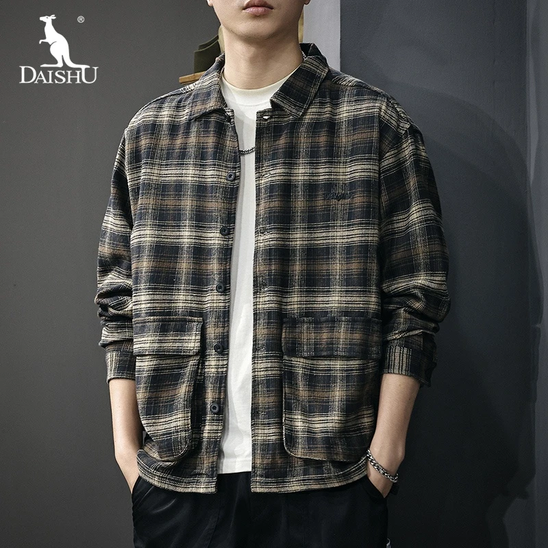 Dai Shu/袋鼠新款美式格子长袖衬衫男2025秋季宽松休闲纯棉外套
