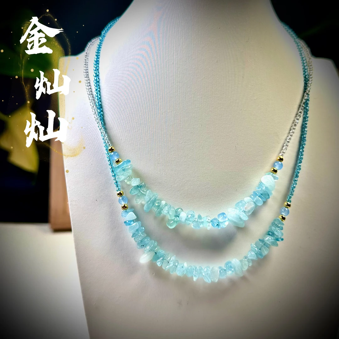 金灿灿【人鱼眼泪】天然海蓝宝碎石锁骨链B38时尚清新