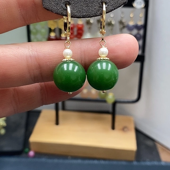 和田玉银S925镀金镶嵌耳饰尺寸14mm