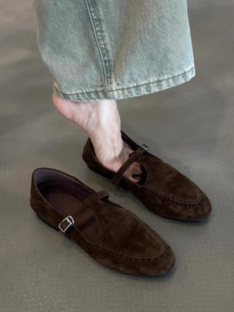 羊绒版~法式复古圆头绒面玛丽珍单鞋女2025新款两穿浅口平底单鞋