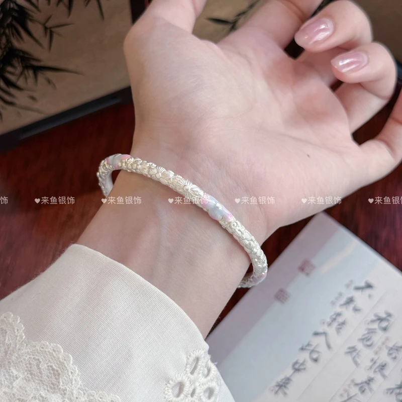 足银手镯 桃花花神•足银999.9珐琅彩百搭新中式实心开口纯银手镯