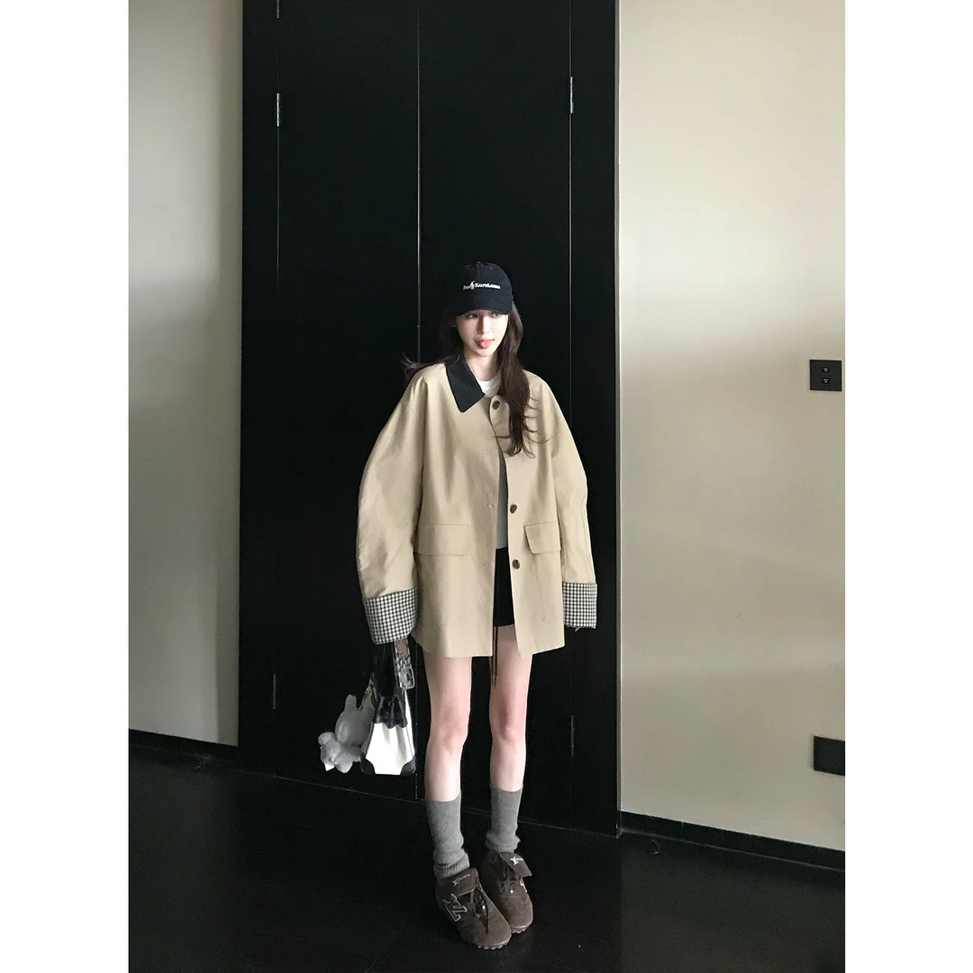 【杭ba专属】高智巴恩风 卡其色风衣撞色格纹拼接短款宽松外套女秋
