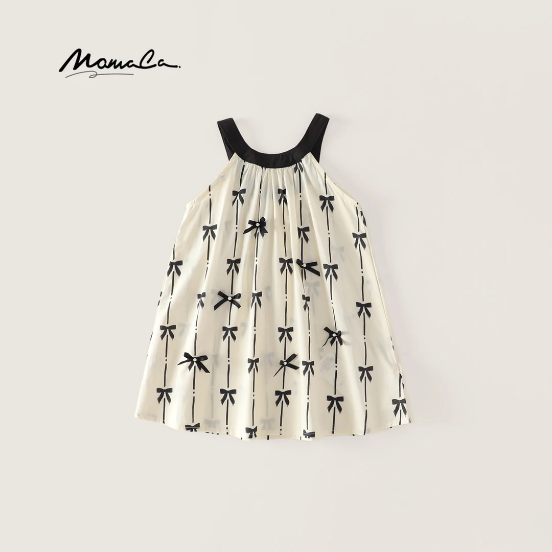 MOMOCO夏季欧若风女童新款甜美蝴蝶结挂脖棉布连衣裙77620476006