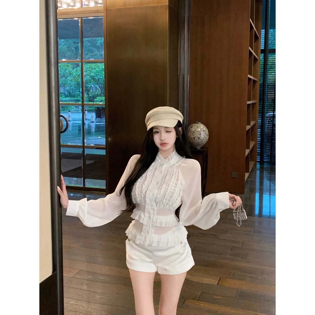 法式简约宫廷风立领长袖衬衫女时尚百搭气质绝美别致纯欲外穿上衣