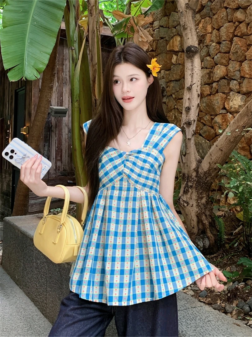 《现货现发》格子风蓝色碎花短款吊带背心女夏季无袖减龄外穿上衣女