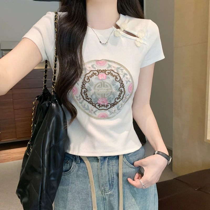 新中式国风盘扣圆领刺绣套头短袖女2025夏季新款修身显瘦女装上衣