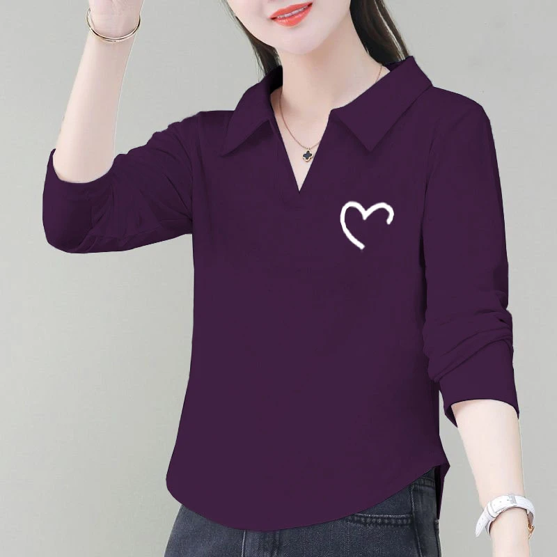 简约不规则下摆POLO衫2025秋季新款100%纯棉长袖百搭大码女士T恤