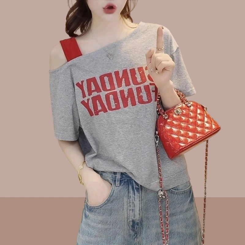 韩版字母印花短袖t恤女2026年夏季新款小众洋气减龄斜肩露肩上衣