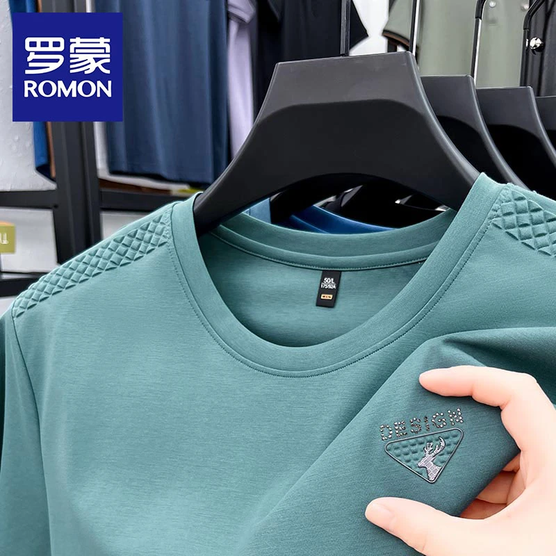 罗蒙2025新款圆领短袖T恤男纯色休闲百搭夏季宽松半袖上衣潮流