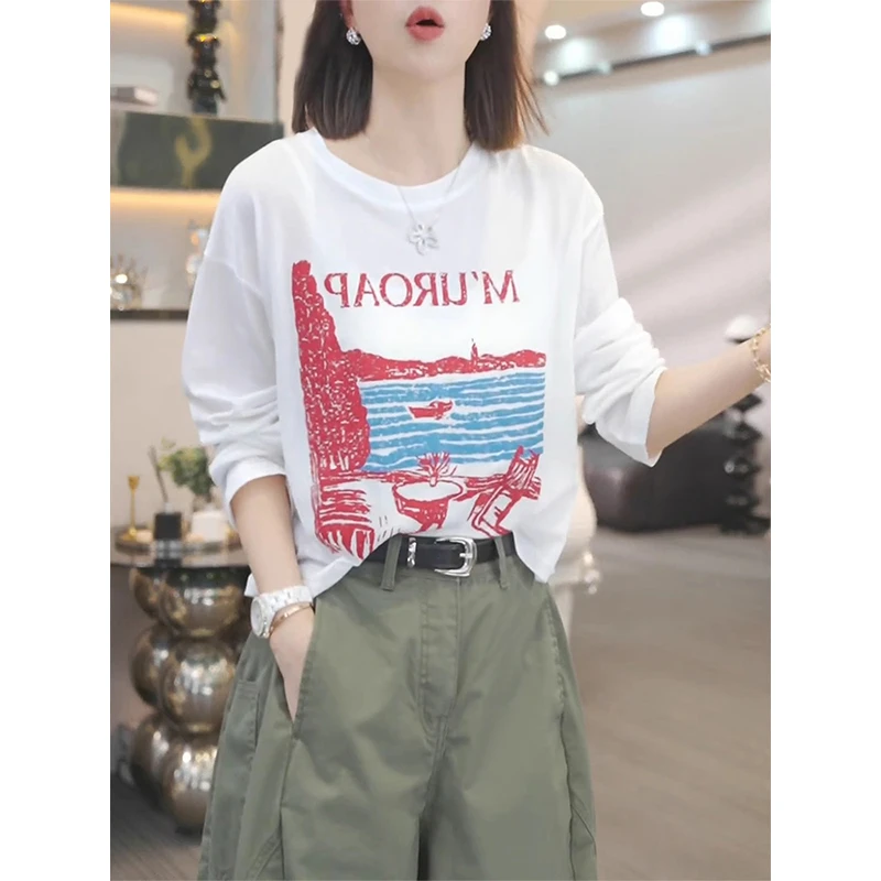 白色印花薄款防晒t恤女夏季空调罩衫2025年新款休闲百搭宽松上
