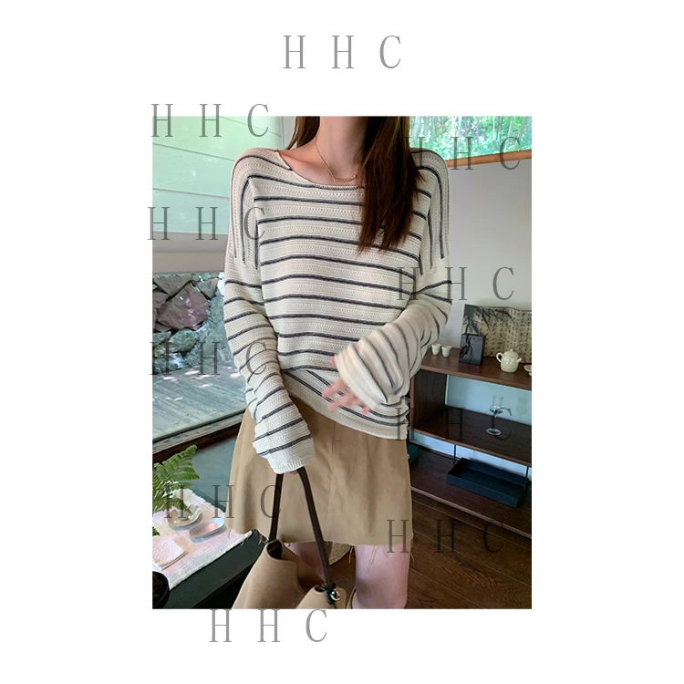 【花花菜】“闲暇”超细美丽诺羊毛宽松垂坠百搭圆领细条纹针织衫女