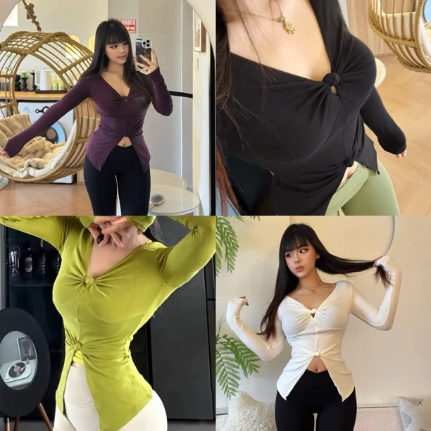 扭结法式不规则个性辣妹大领口显瘦瑜伽T恤运动服健身长袖女外穿