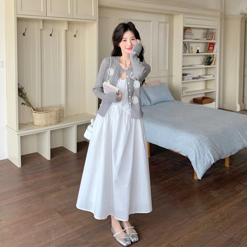 韩系小香风立体花朵针织开衫吊带裙2025早秋新款复古简约气质套装