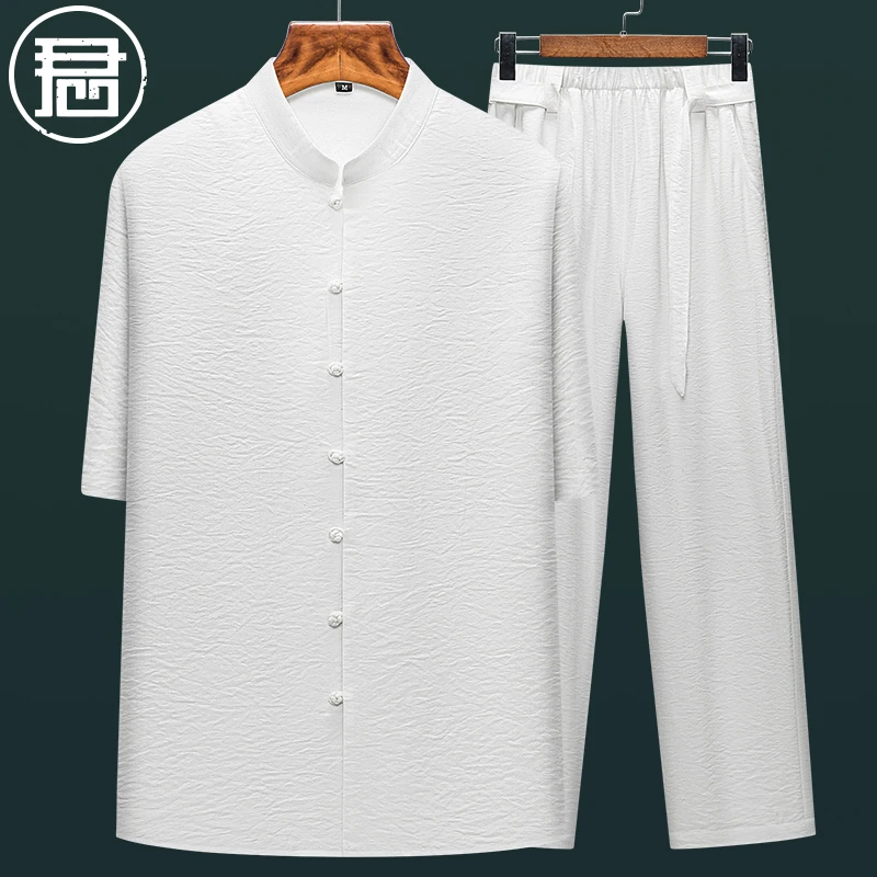 君子企鹅新中式衬衫男夏季唐装短袖套装爸爸装立领禅意茶服中国风