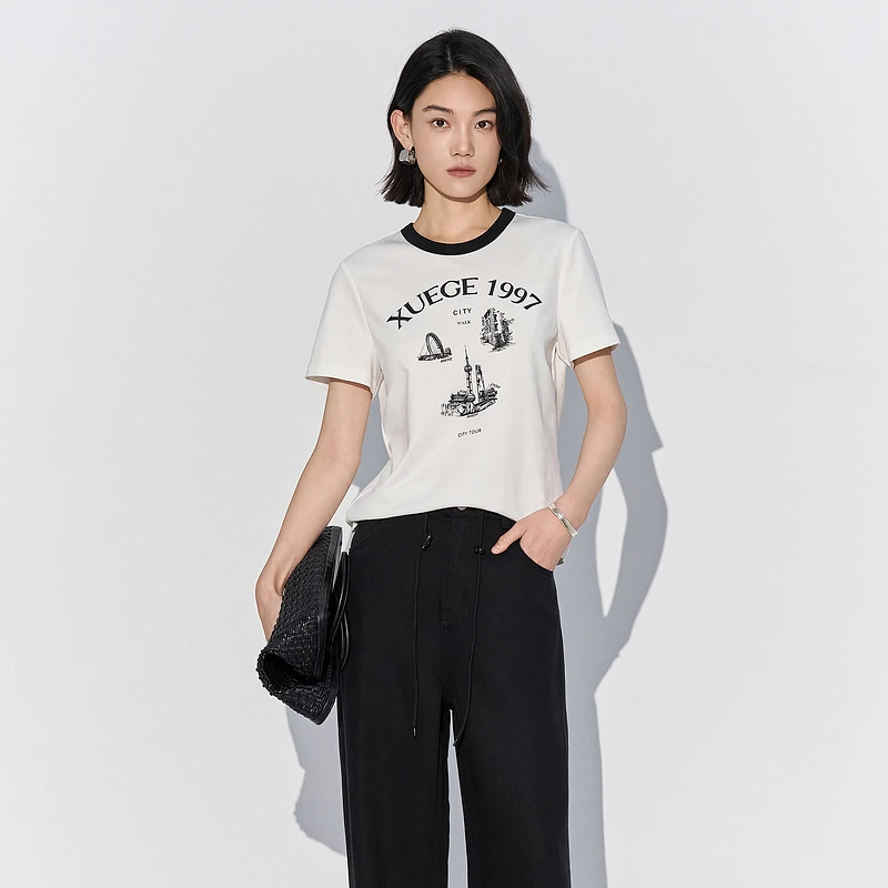 XG雪歌夏季白色T恤XL201843A851黑白字母印花薄款弹力套头上衣