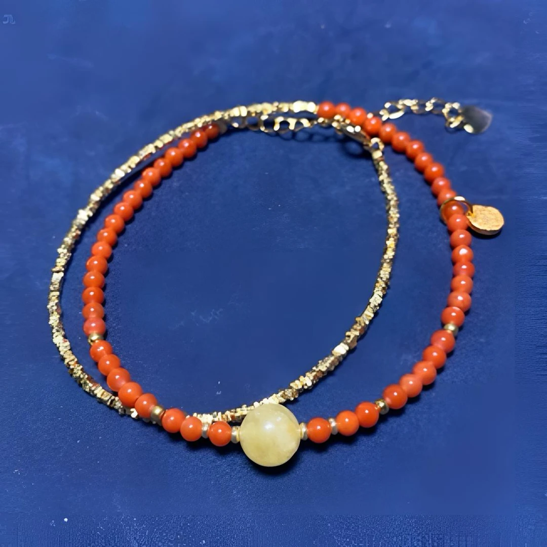 纯天然南红柿子红手链碎银几两南红双圈手串 设计款 蜜蜡点缀