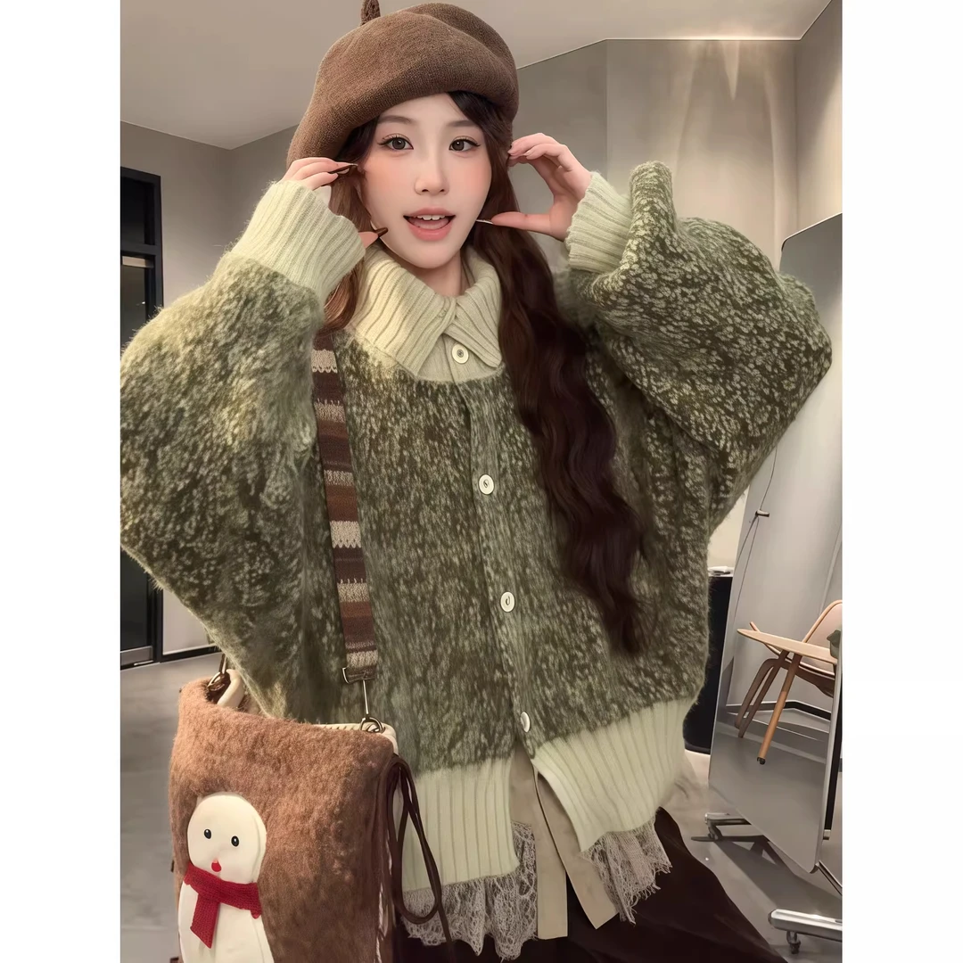 微胖森系少女氛围感软糯拼接针织毛衣外套女秋冬显瘦百搭翻领上衣