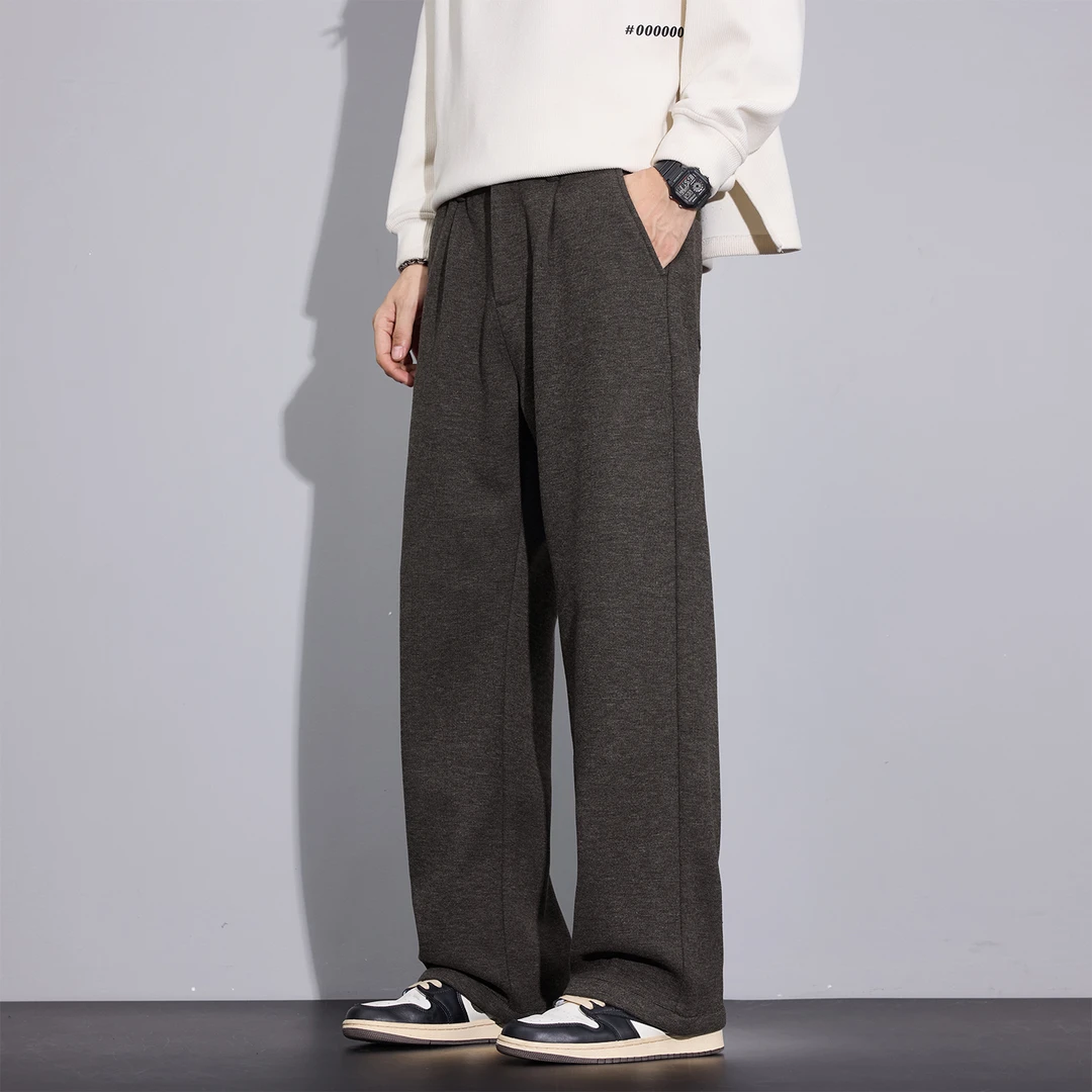 Kuvine冬季慵懒羊毛西裤男款加绒加厚宽松直筒老钱风阔腿休闲长裤