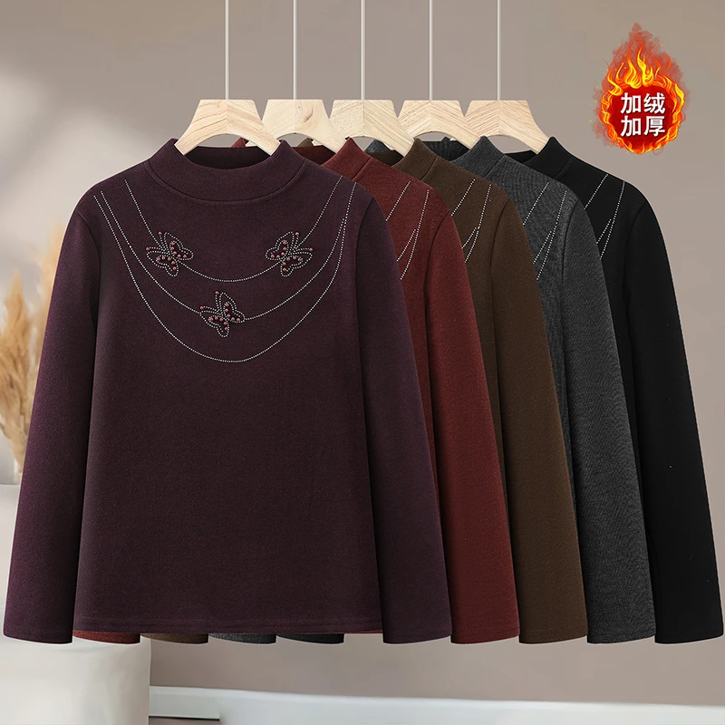 妈妈加绒打底衫半高领中老年女装保暖妈妈装打底衫中年女士长袖